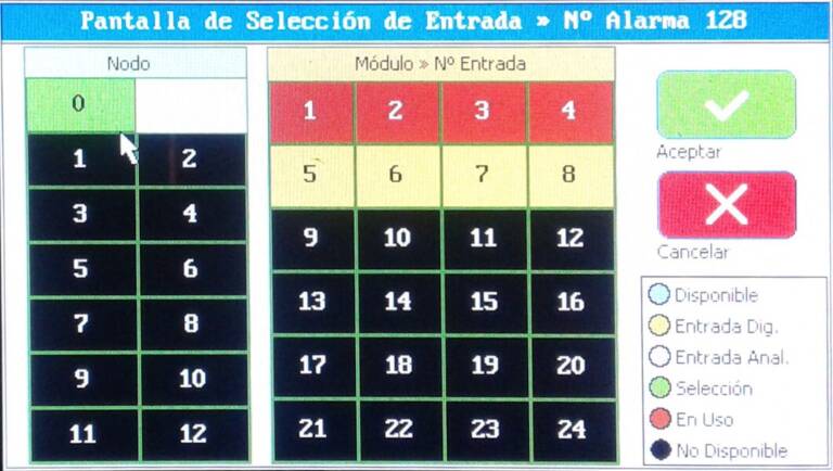 selección de entrada alarma